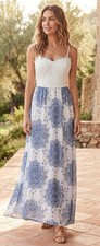 A.WW Womens L White Blue Lace Bodice Maxi Dress Sweetheart Paisley Pullover