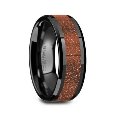 BOLIN Black Ceramic Finish Wedding Band with Orange Goldstone Inlay - 8mm