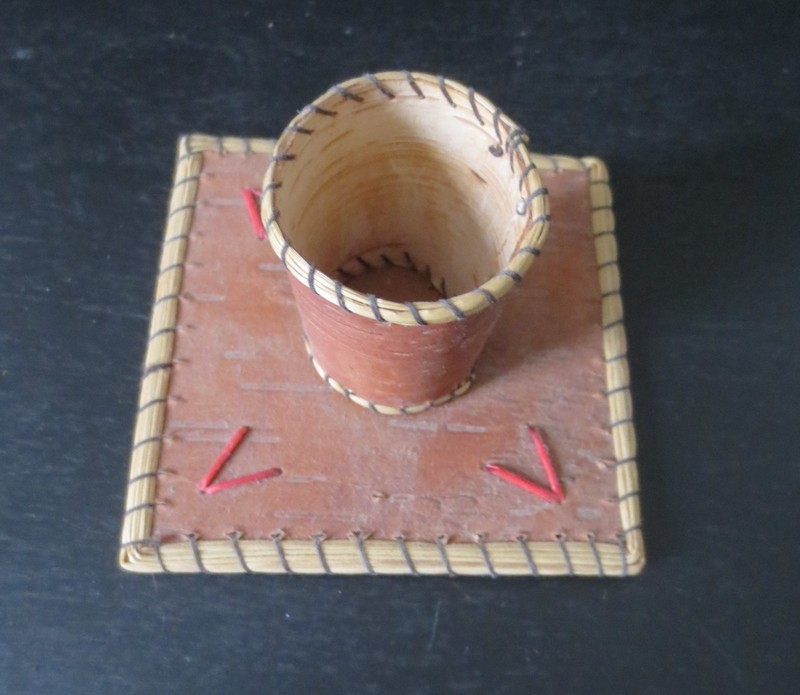 Cree or Ashinaabe Birchbark w/porcupine quill candle holder? toothpick holder?