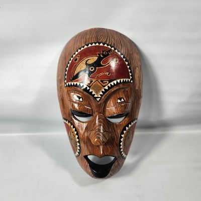 Vintage Tribal African Hand Crafted Wooden Mask With Mother Of Pearl Inlay