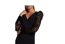 Chiara Boni La Patite Rose. Black pleated lace long sleeve bodycon midi dress.