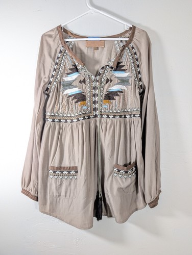 Double D Ranch Top Women XS Brown Aztec Embroidery Western Boho Ranch Rodeo - Picture 2 of 8