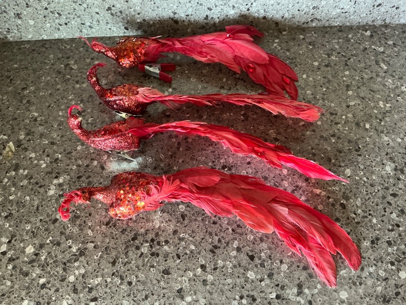 4) Vintage CLIP-ON RED GLITTER PEACOCK  w/REAL FEATHERS Ornaments