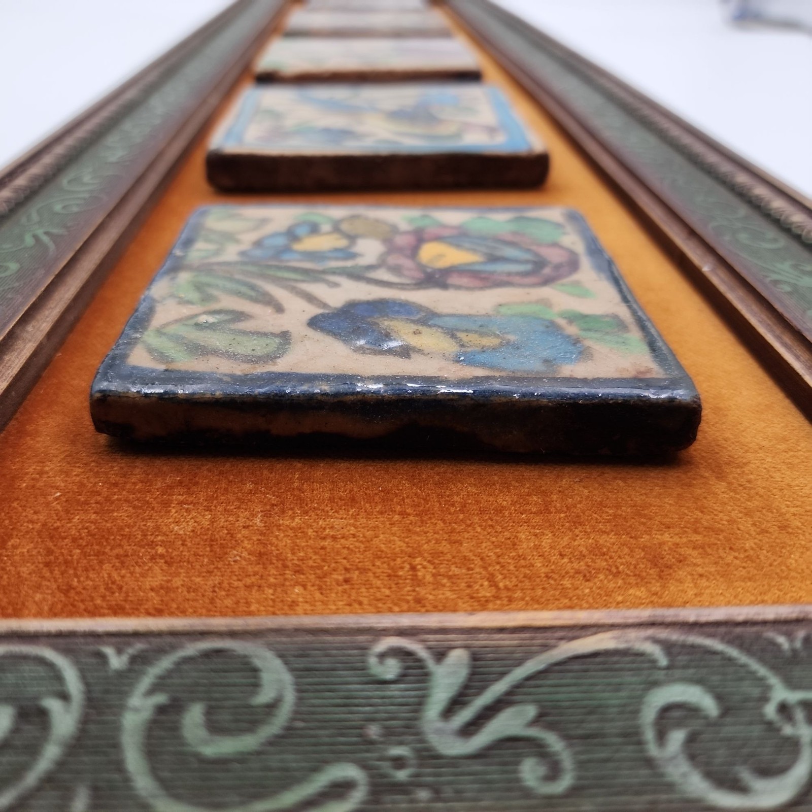 Hand-Painted VTG Persian Style Tile Wall Art Ornate Wooden Frame Floral MCM