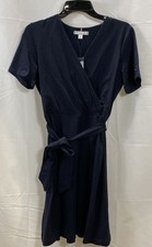NWT Tommy Hilfiger Women's Navy Cotton Blend Faux Wrap Tie Waist Dress Sz S