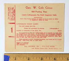 Geo. W. Cole Circus Bill Posting Pass Vintage Ephemera