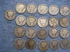 21 OLDER WORN SILVER MERCURY DIMES   FULL OR  PARTIAL DATES INCLUDES 1916 lot n