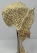 Vintage Pink Knit Doll Bonnet Hat with Ribbon Bow Sides