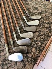 Antique Hickory Wood Shaft Golf 7 Club Run Of Kroydon Heat Treated Ironset