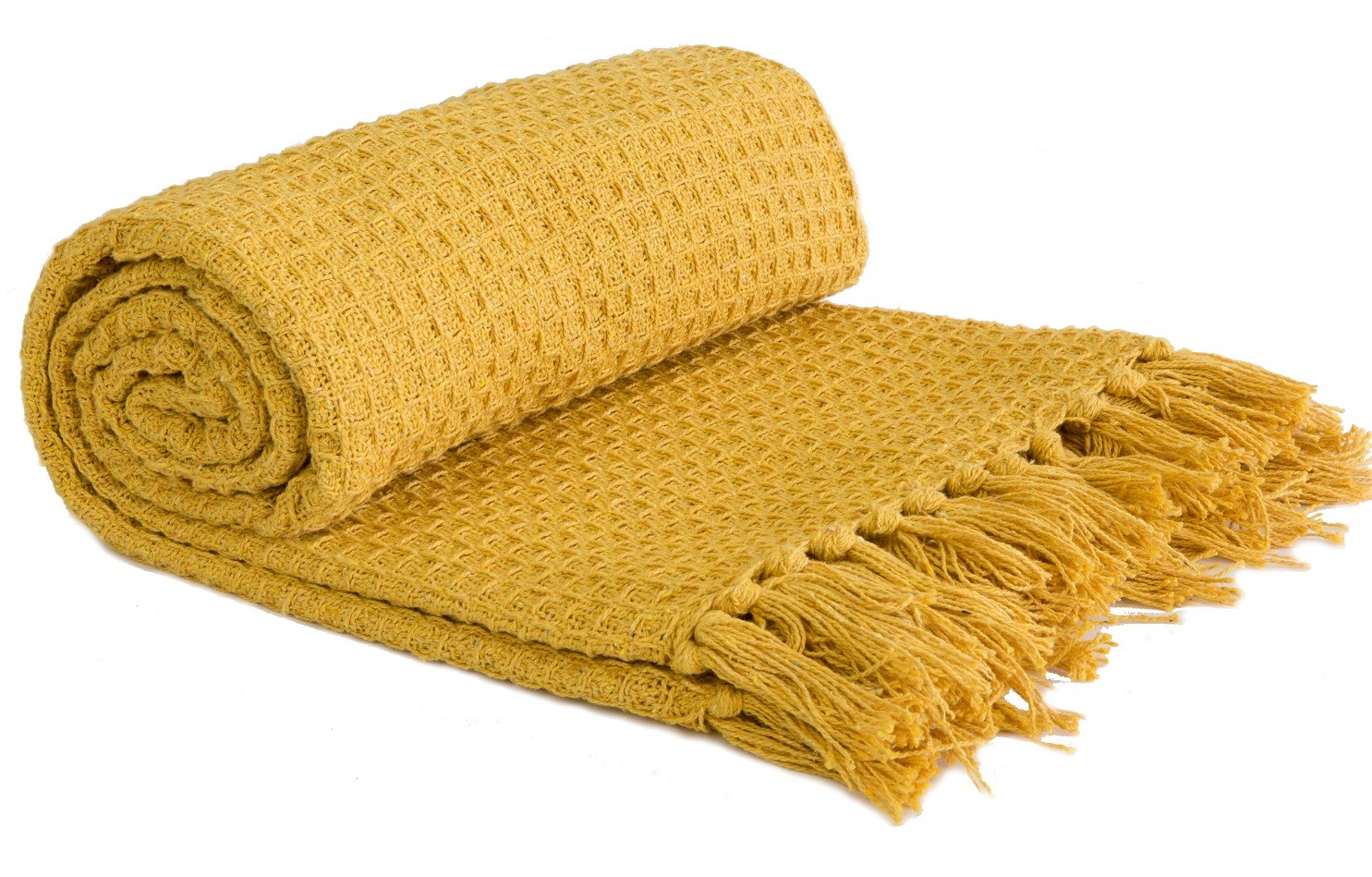 100% Cotton Honeycomb Ochre Mustard Yellow Fringed Tassel Chair Sofa Bed Throw