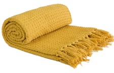 Image of 100% Cotton Honeycomb Ochre Mustard Yellow Fringed Tassel Chair Sofa Bed Throw