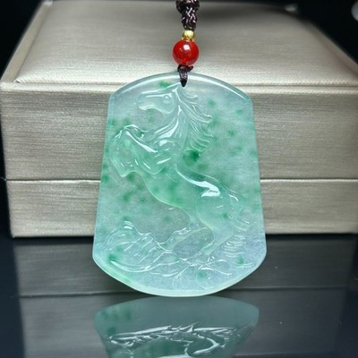 Nature ice green&white Burmese jade Jadeite carved horse lucky Pendant&Necklaces