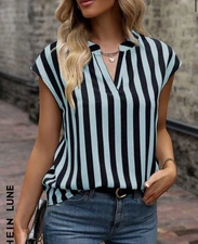 SHEIN LUNE Casual Commuter Color Blocking Strip ed Notched Neck Shirt Size S