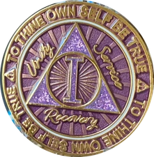 1 Year AA Medallion Cosmic Purple Glitter Alcoholics Anonymous Sobriety Chip