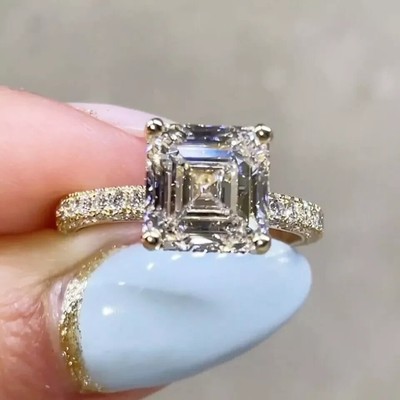 3 CT Asscher Test Moissanite Women Gift Engagement Ring 14K Yellow Gold Plated