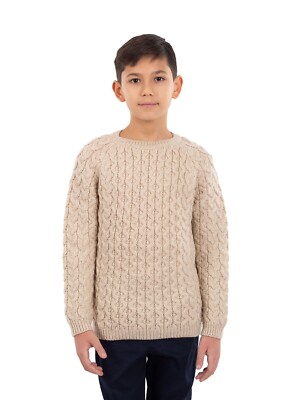 SAOL Classic Aran Cable Sweater for Kids: Crew Neck, 100% Merino Wool