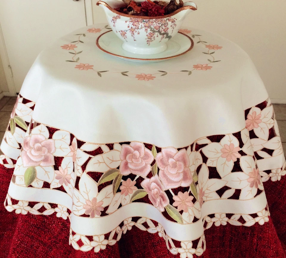 Vintage Embroidered Floral Hand Cut Table Topper/Runner/Doily Ivory 36x36" RD/SQ - Image 2 of 2