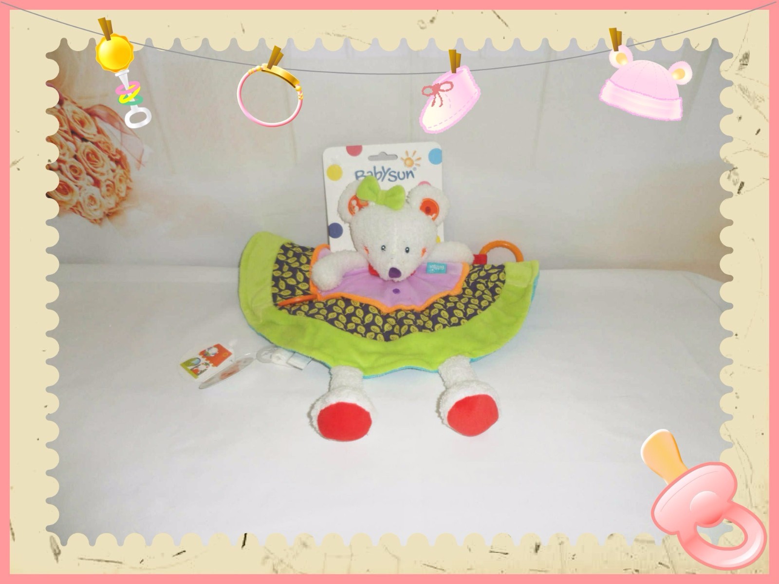 Doudou semi-plat rond éveil souris dentition attache sucette Babysun en tissu doux pour nouveau-né
