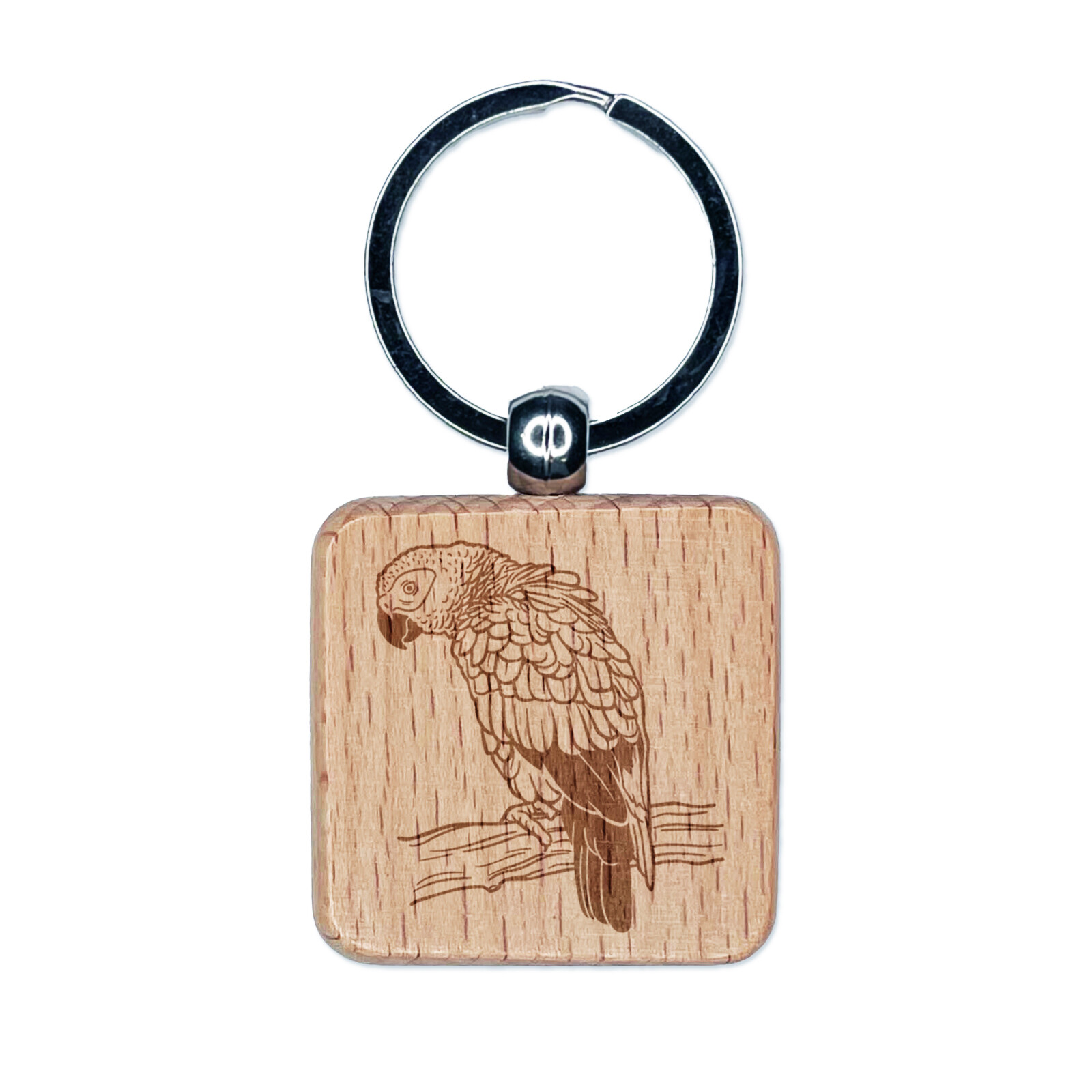 African Grey Parrot on a Branch Engraved Wood Square Keychain Tag Charm