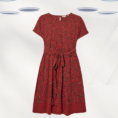 Ex Fat Face Damen Kurzarm Animal Jersey Kleid in Rot Erin