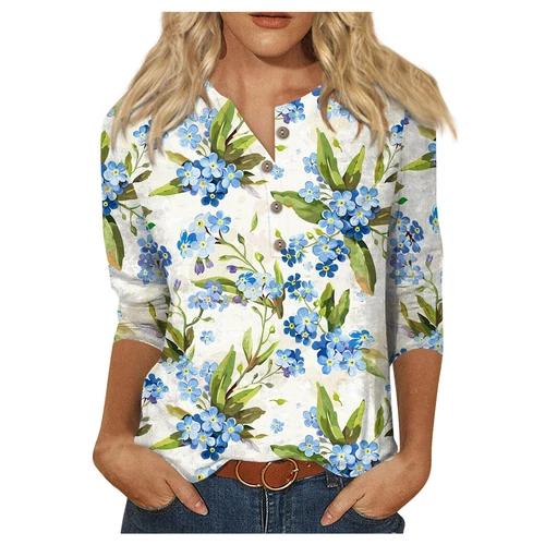 3/4 Length Sleeve Womens Tops Casual Loose Fit V-neck Shirts Floral Tunic Tops - Picture 24 of 51