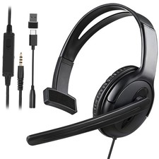 Wired One Ear Headset with Mic, 3.5mm/Type-C/USB Gaming for Black