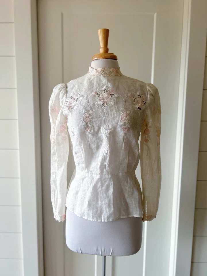 Victorian Linen Blouse Cloak Of Many Colors 100% Natural Fiber Embroidery Floral - Image 2 of 4