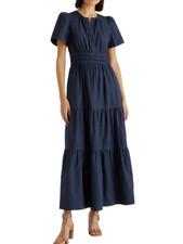 Quince 100% Organic Cotton Poplin Tiered Navy Blue S/S Maxi Dress Sz XL NWD