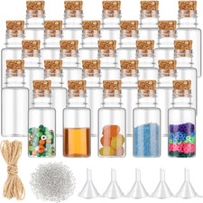 Juego de 25 mini botellas de plástico de 10 ml con tapones de corchos tornillos para ojos embudos olla pequeña