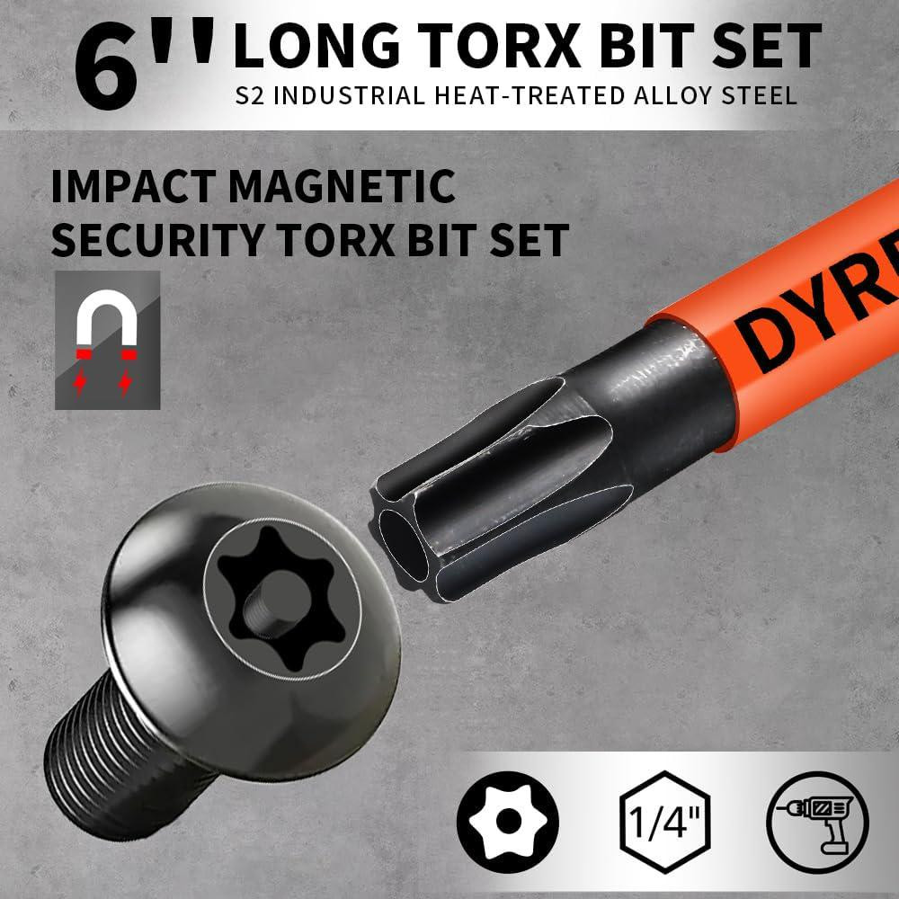 6 Inch Long Torx Bit Set 8-Pack, Impact Torx Bits (T8 to T40), Magnetic Security