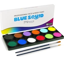 Blue Squid PRO Face Painting Kit 12 Color Palette 2 Brushes Safe & Washable