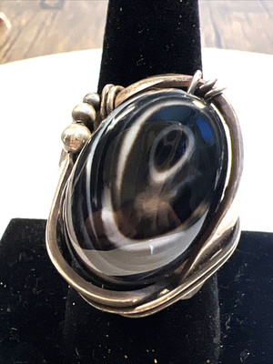Unique 925 Sterling Silver Triple Banded Eye Agate Gemstone  Ring Size 8