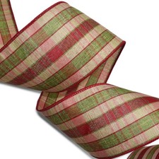 10 yards Christmas Plaid Red Green Beige Farmhouse Rustic Wired Ribbon 4" Wide