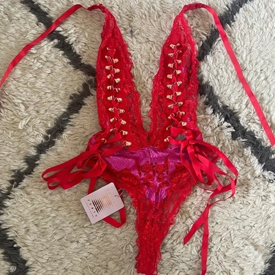 NWT Savage X Fenty Red Pink Lace Teddy Bodysuit Lingerie Lace-Up  Large Boudoir
