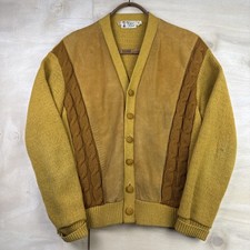Vintage 60 s Goldenrod 2 Ply Wool Cable Knit Suede Grandpa Cardigan Sweater Sz M