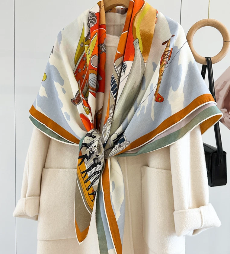 70% Cashmere 30% Silk Wrap Scarf Horse Print Double Face Print Shawl 135X135cm - Image 3 of 4