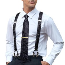 Men's Suspenders and Tie Set Silk Adjustable Elastic Y Braces Black Floral
