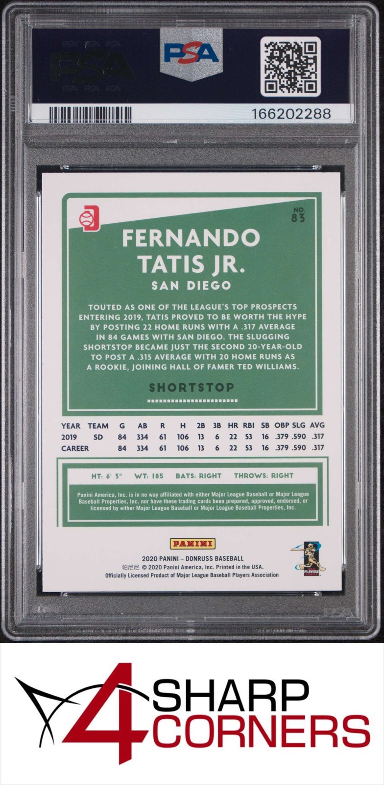 2020 PANINI DONRUSS #83 FERNANDO TATIS JR. PADRES VARIATION PSA 10 view 2