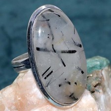 925 Silver Plated Natural Black Rutile Ring Handmade Jewelry Size US 7 JW