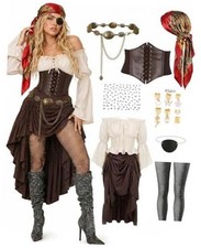 9 PCS Pirate Costume Women Set, Skirt Renaissance Halloween Outfit Large Brown