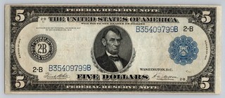 $5 1914 Large Size Blue Seal White Mellon New York NY Five Dollar Bill NICE