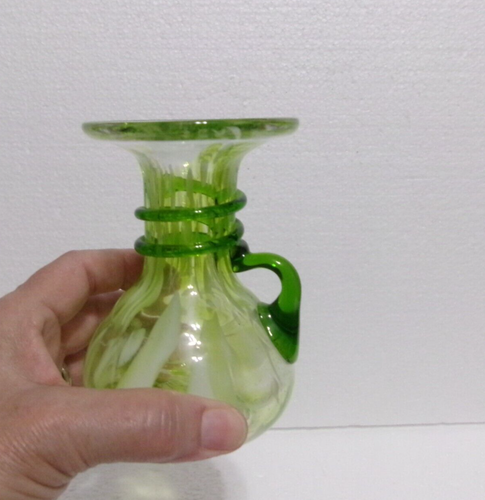 Vtg Mottled Green Apple Art Glass Vase Applied Rings & Handle Hand Blown - Picture 10 of 19