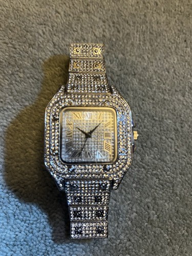 Silver Mens Iced Out Square Face Watch Luxury Crystal CZ Bling - Picture 4 of 5