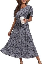 GRECERELLE Womens Summer Midi Dress Floral Print Boho Dress Ruffle Puff Size L