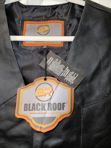 Men's BLACK ROOF Black Leather Motorcycle Riding Vest Size 44 - Picture 2 of 8