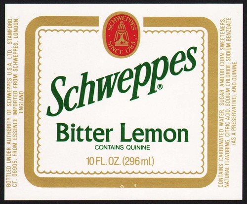 Vintage soda pop bottle label SCHWEPPES BITTER LEMON 10oz size Stamford CT nrmt+ - Picture 2 of 2