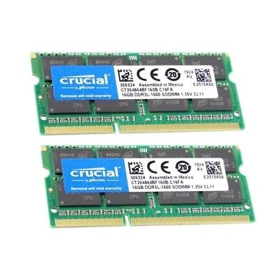 Crucial 32GB (2X16GB) DDR3L 1600MHz PC3L-12800 SODIMM Memory Ram CT204864BF160B