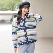 Cardigan En Maille Pour Femme Doux Bleu Rayé Court Chaud 41272