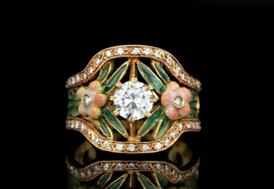 $10,500 Masriera Gloria 18K Yellow Gold Diamond Enamel Flower Cocktail Ring Band