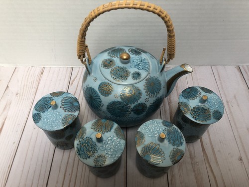 Blue Chrysanthemum Fujita Kutani Tea Set ~ Porcelain Teapot + 4 Lidded Cups MINT - Picture 20 of 20